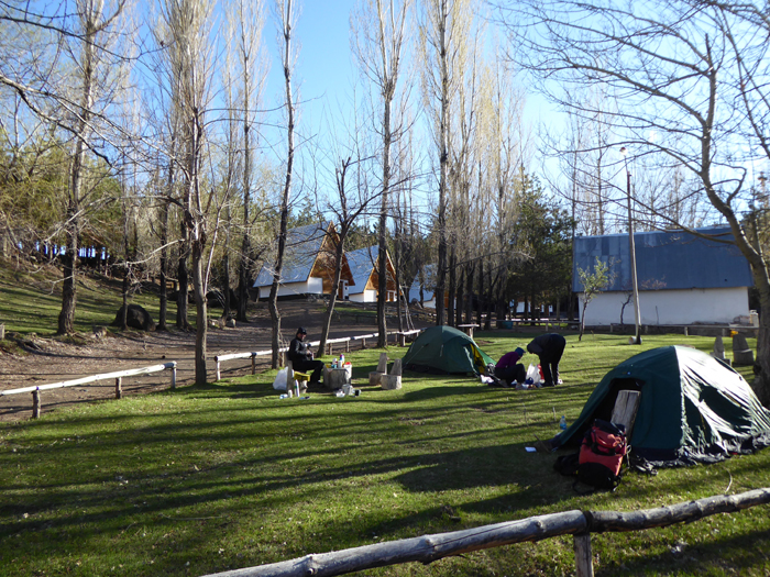 Camping at Aguas Calientes, a great place to relax after a days skiing, 15C, sunny and with running hot water.