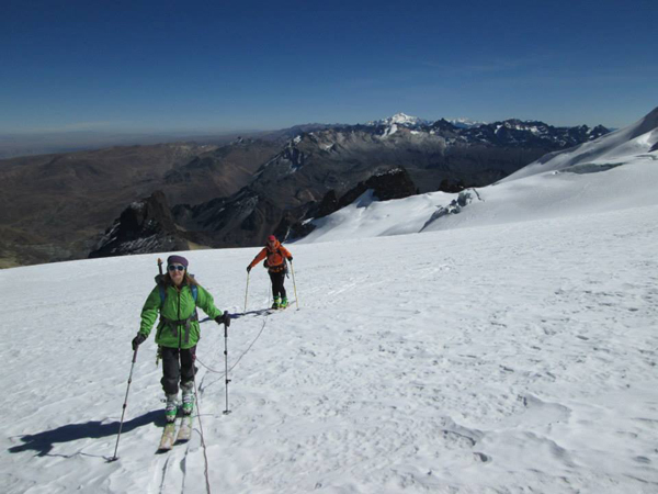 Skinning up Mururata, looking northwards to Huayna Potosi. Mururata proved to be a very interesting and beautiful mountain to do on skis.