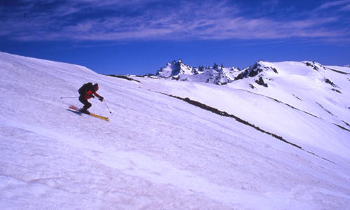 Skiing above Puerto Ibaez, Chilean Patagonia.