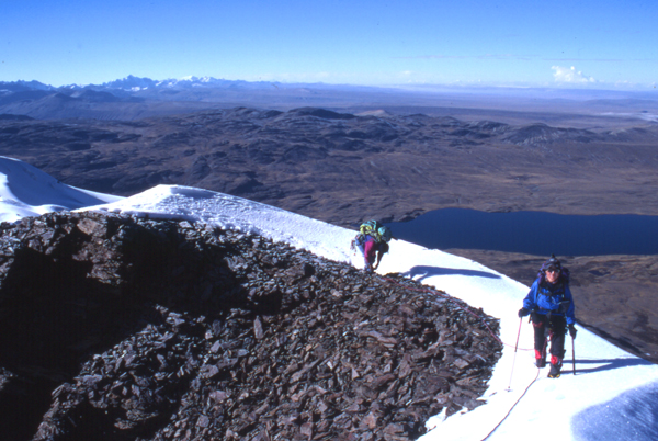 Climbng the SE ridge of Ananea on the first ascent in 2002. Photo taken on teh first ANDES expedition to the Cordillera Apolobamba. 