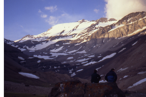 del Plomo from the south, showing the main glacier and ascent route.