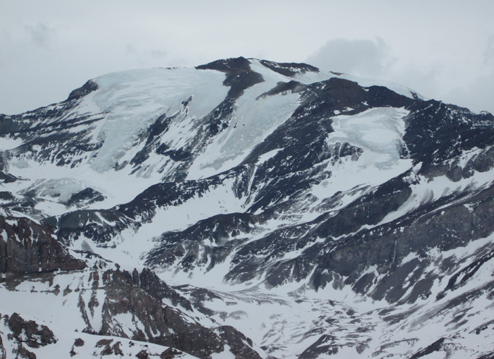 del Plomo from the south, showing the main glacier and ascent route.