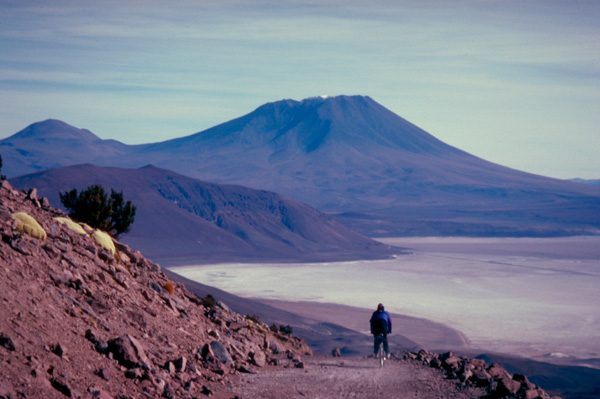 Biking down at 5700m on Ollague, "Monster Descent" mountain bike expedition