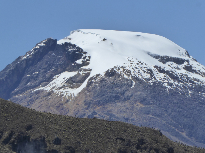 A close-up of Tolima from the west showing the route on the NW slopes and easy glacier ice-cap.