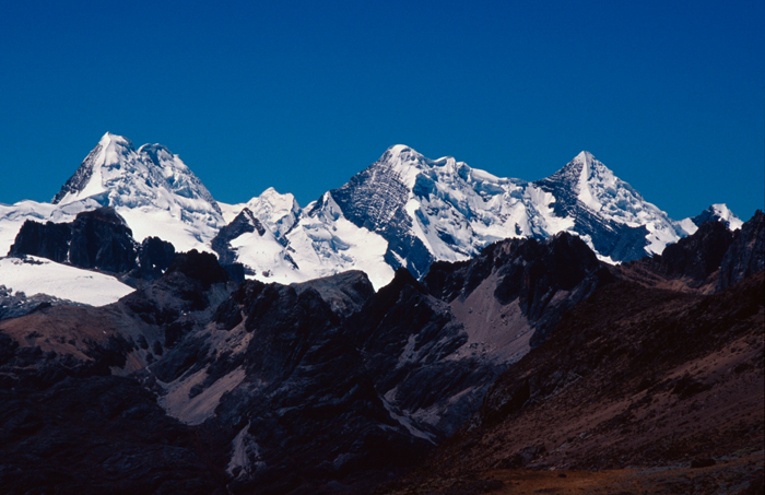 Cule, Santa Rosa and Yarupac from the north west, Cordillera Raura, Peru.