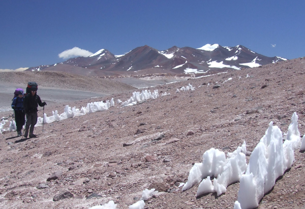 Veladero on the left and Baboso on the right (showing the big southeast glacier) as seen form the Cordon de los Pioneros.