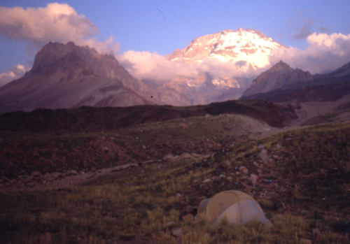 Camp beneath Tupungato on the approach to the mountain.