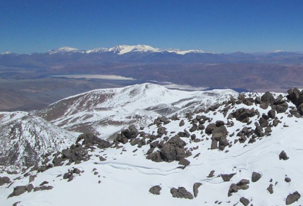 Cazadero SW in the near distance form the summit of Cazadero. The peaks in the far distance are Pissis and Bonete.