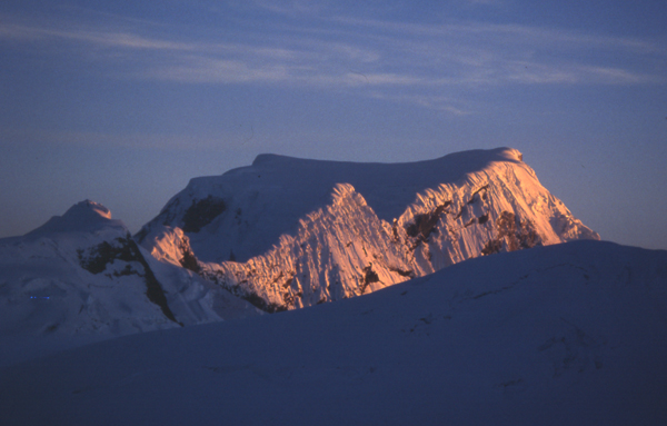 Hualcan seen from the peak of Copa to the south. The plateau between the peaks, and the ascent of Copa itself, are good ski mountaineering objectives in the Cordillera Blanca