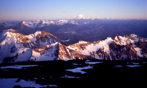 Sunrise over Aconcagua as seen form summit day on Tupungato.