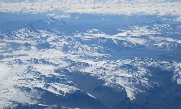 Campanario and the Laguna del Maule form the air in springtime. 