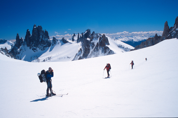 Looking back down towards the Brecha del Comedor from beneath the Brecha de la Cornisa, San Lorenzo, Chilean Patagonia.