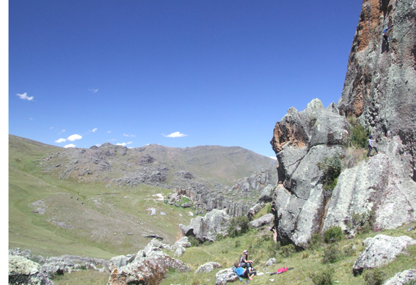 Rock climbing at 4200m, at Hatunmachay near Huaraz, Peru