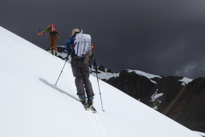 Ski mountaineering on Comecocha, Cordillera Vilcanota Peru.  